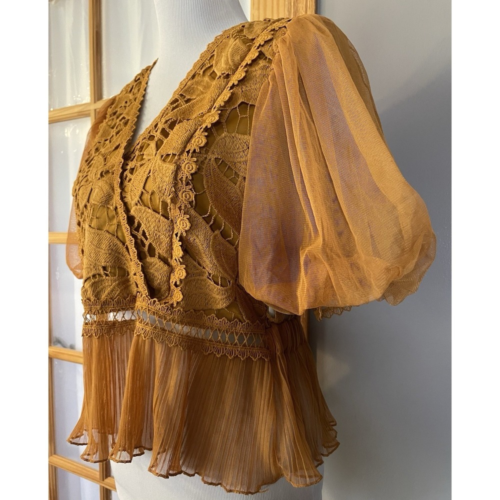 Haute Monde Floral Embroidery Peplum Blouse S Gold Lace Sheer Puff Sleeve Party - Picture 2 of 15